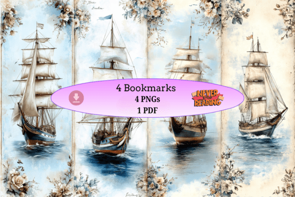 Vintage Floral Tall Ship Set vintage style aesthetic handmade bookmark