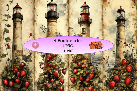 Lighthouse & Strawberry Bookmark Set vintage style aesthetic handmade bookmark
