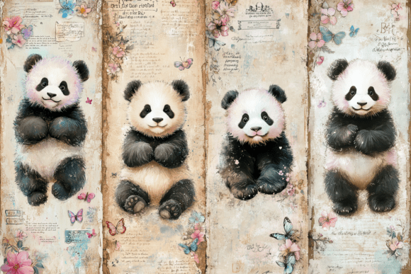 Floral Baby Panda Bookmark Set vintage style aesthetic handmade bookmark