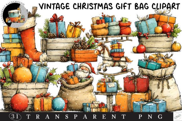 Vintage Christmas Gift Bag Clipart vintage tote bag sublimation png design