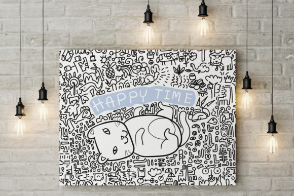Lying Cat with Doodle Drawing Pattern vintage wall art printable