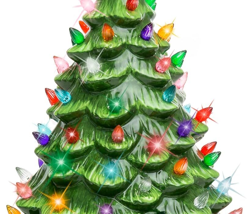 vintage ceramic xmas tree pre-lit hand painted