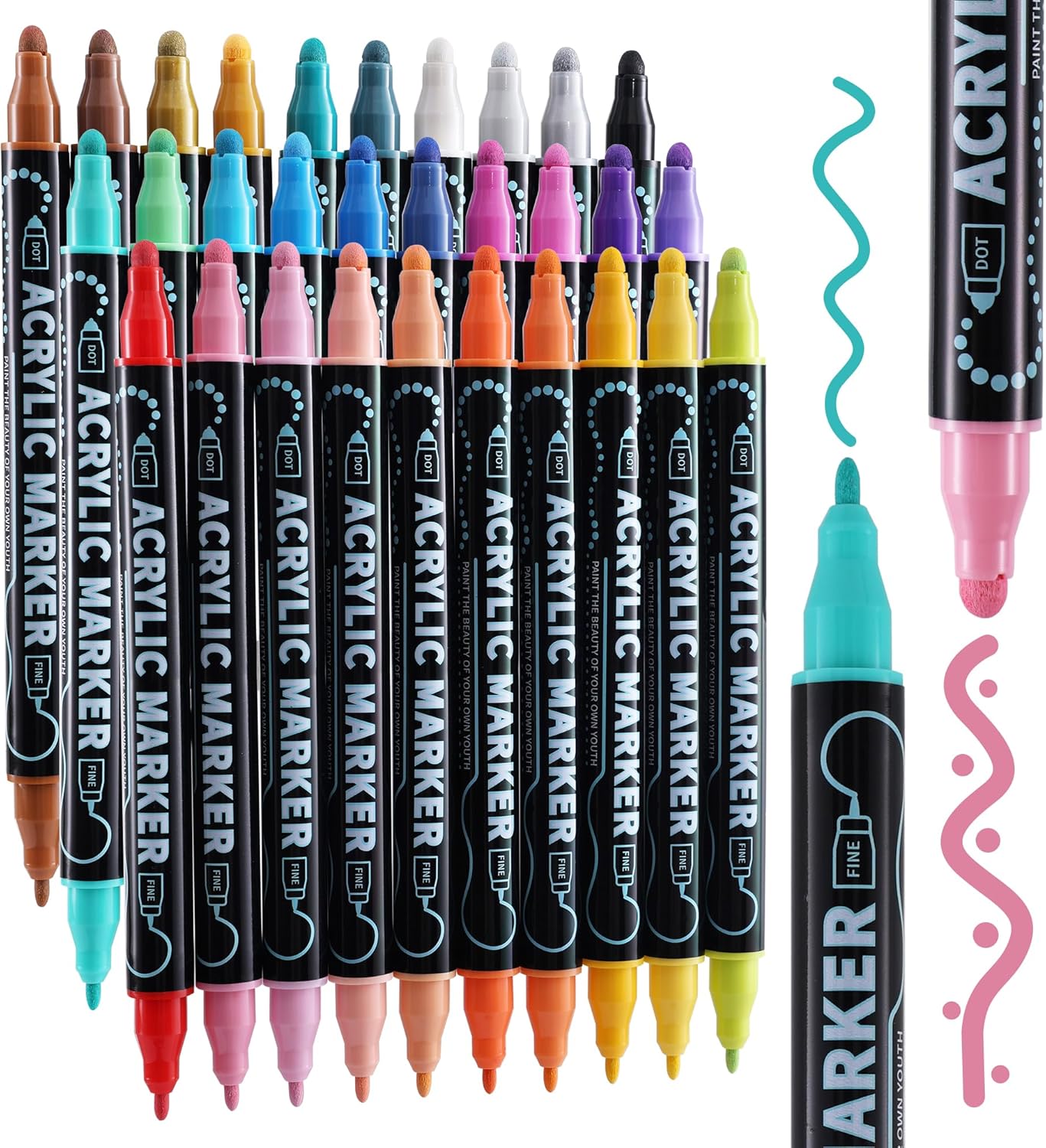 nauets 30 Colors Precision Dual Tip Acrylic Paint Markers Pens - Dot & Fine | Works on Rock, Wood, F