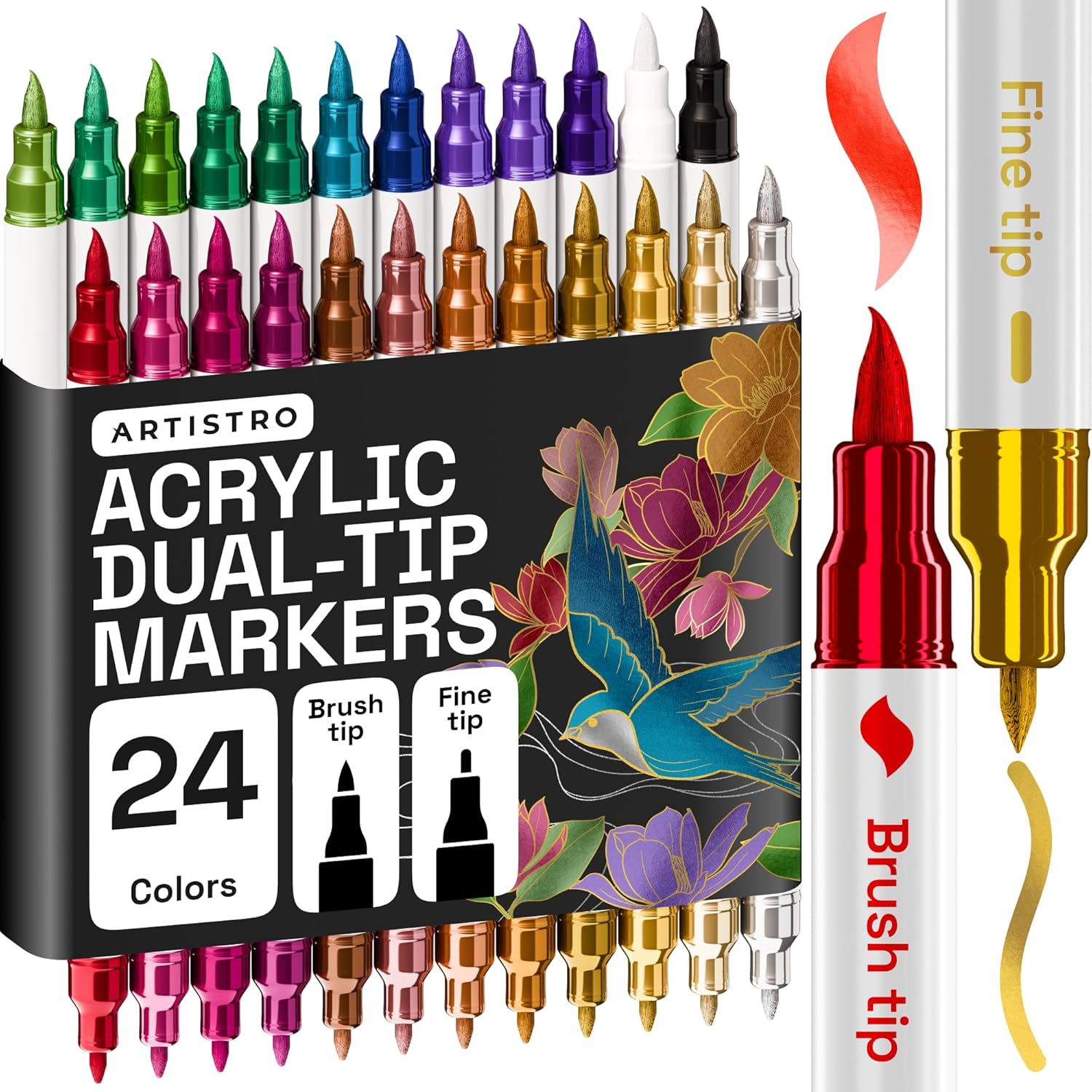 ARTISTRO 24 Metallic Acrylic Paint Markers - Paint Pens for Drawing - For Fabric, Rock, Glass, Wood,