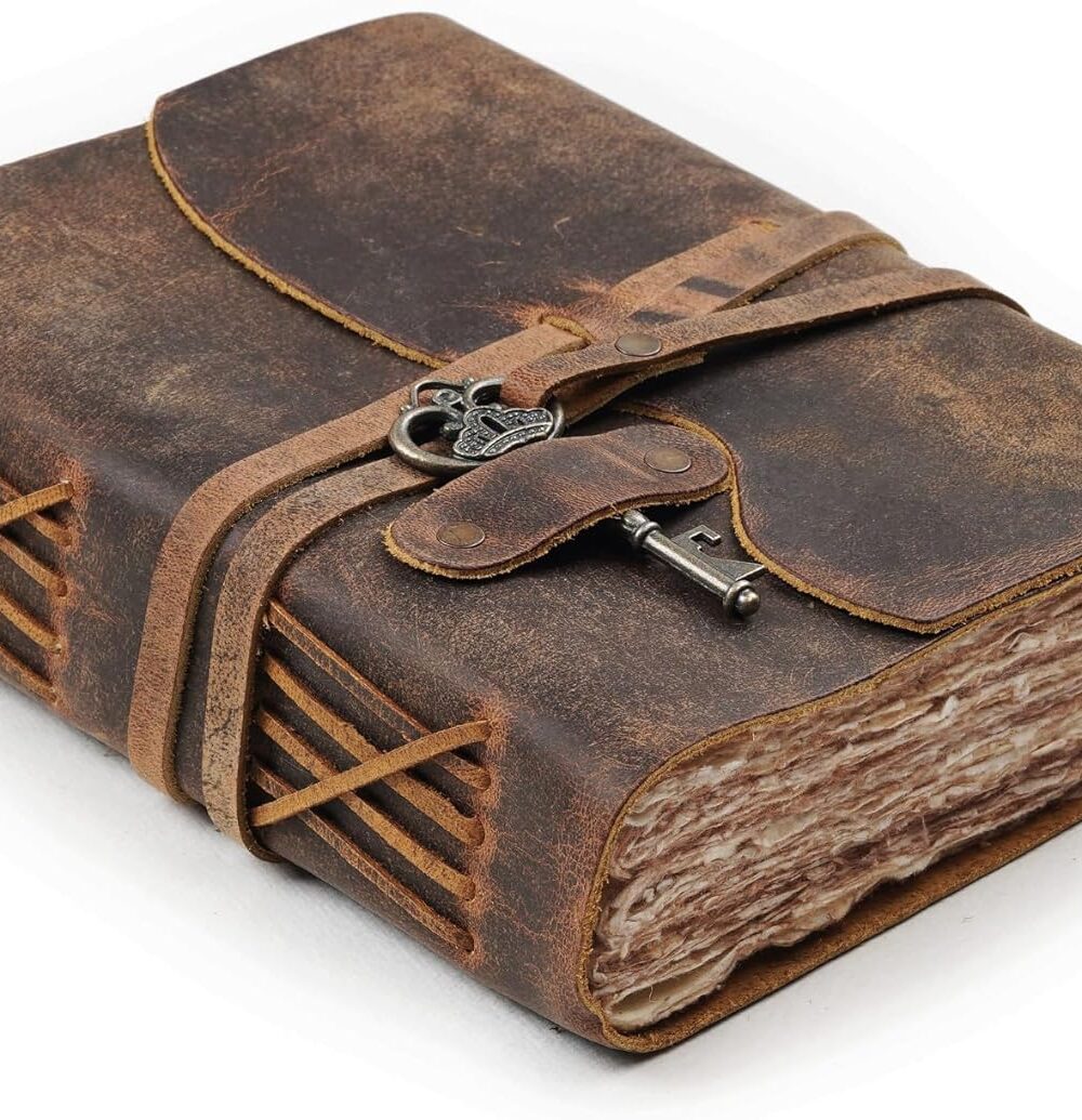 leather bound vintage journal deckle edge paper key closure