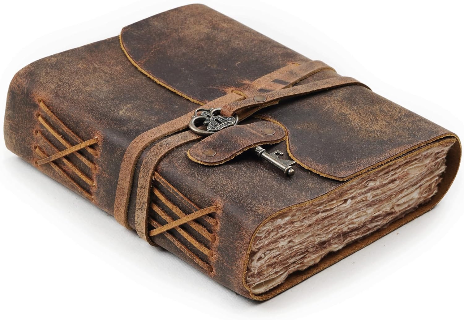 leather bound vintage journal deckle edge paper key closure