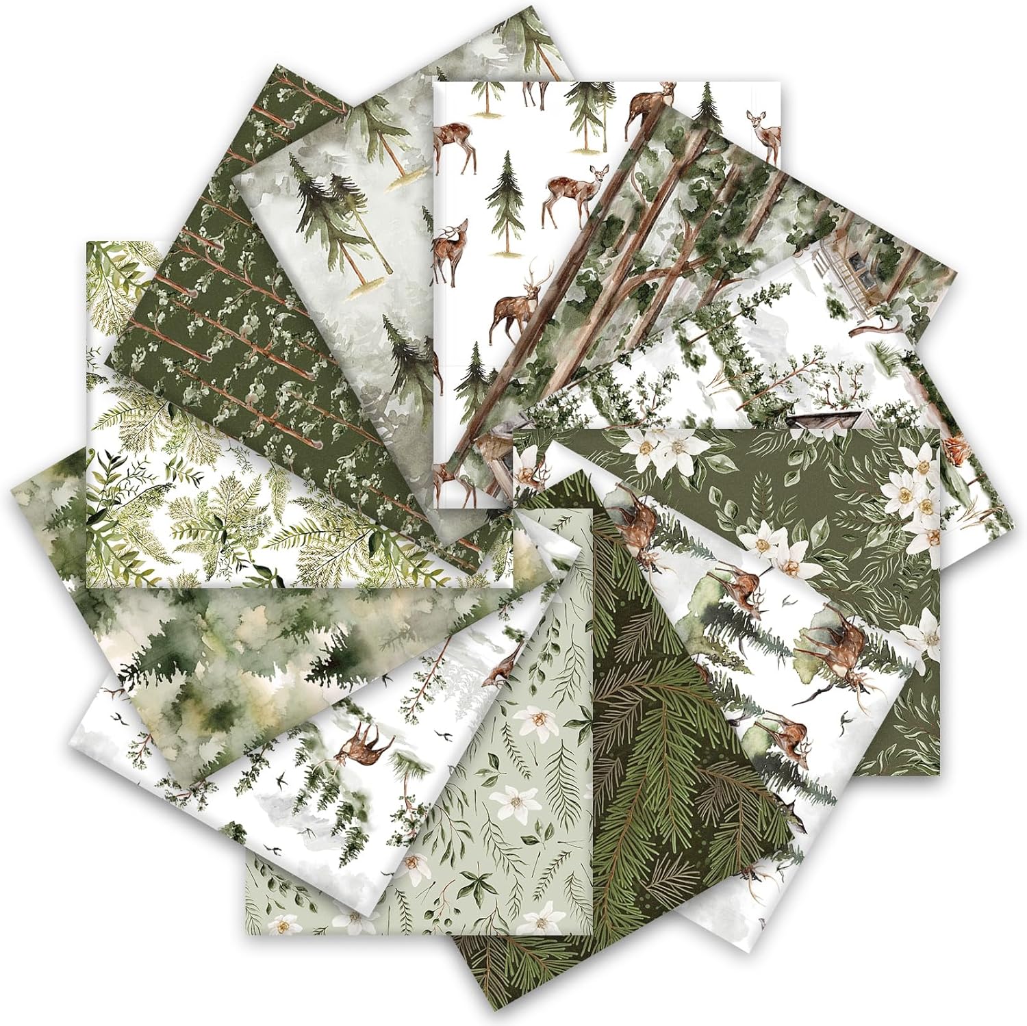 watercolor Christmas forest fat quarter fabric bundle green tree deer quilting
