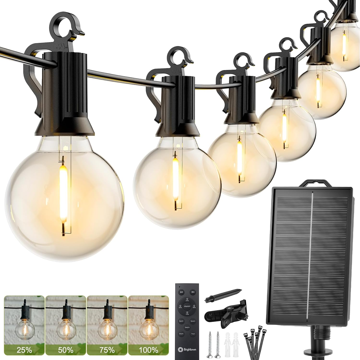 Brightown 58FT Solar String Lights Outdoor, IP65 Waterproof, Remote, Timer | Patio Lights with 17 LE