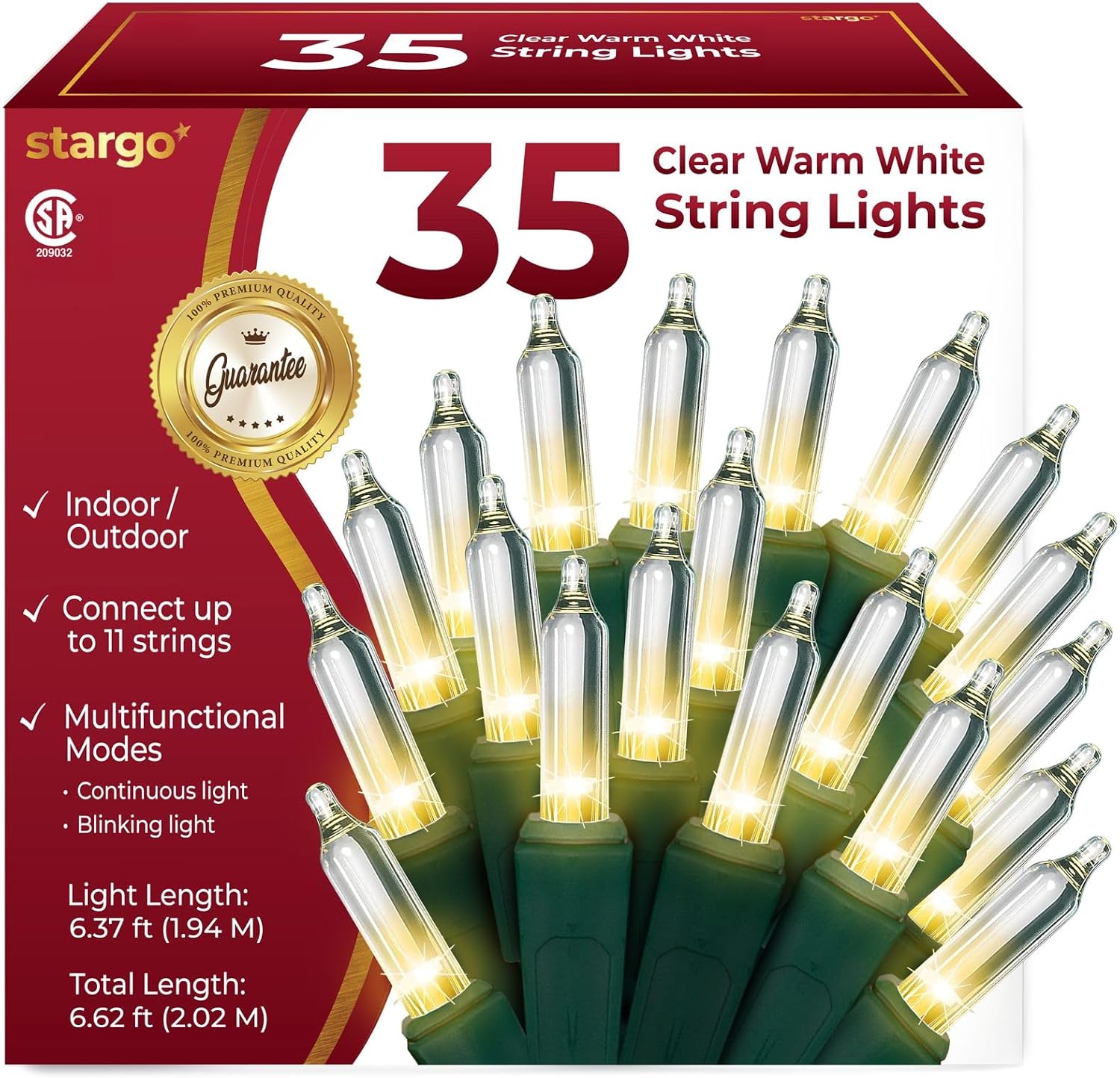 Clear Warm White Christmas Tree Lights - 6.3 ft String of 35 Incandescent Mini Bulbs Multifunctional