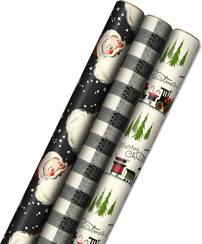 Hallmark black buffalo plaid retro Santa Christmas wrapping paper