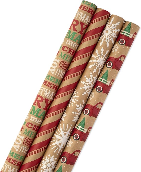 Hallmark kraft wrapping paper bundle red trucks snowflakes