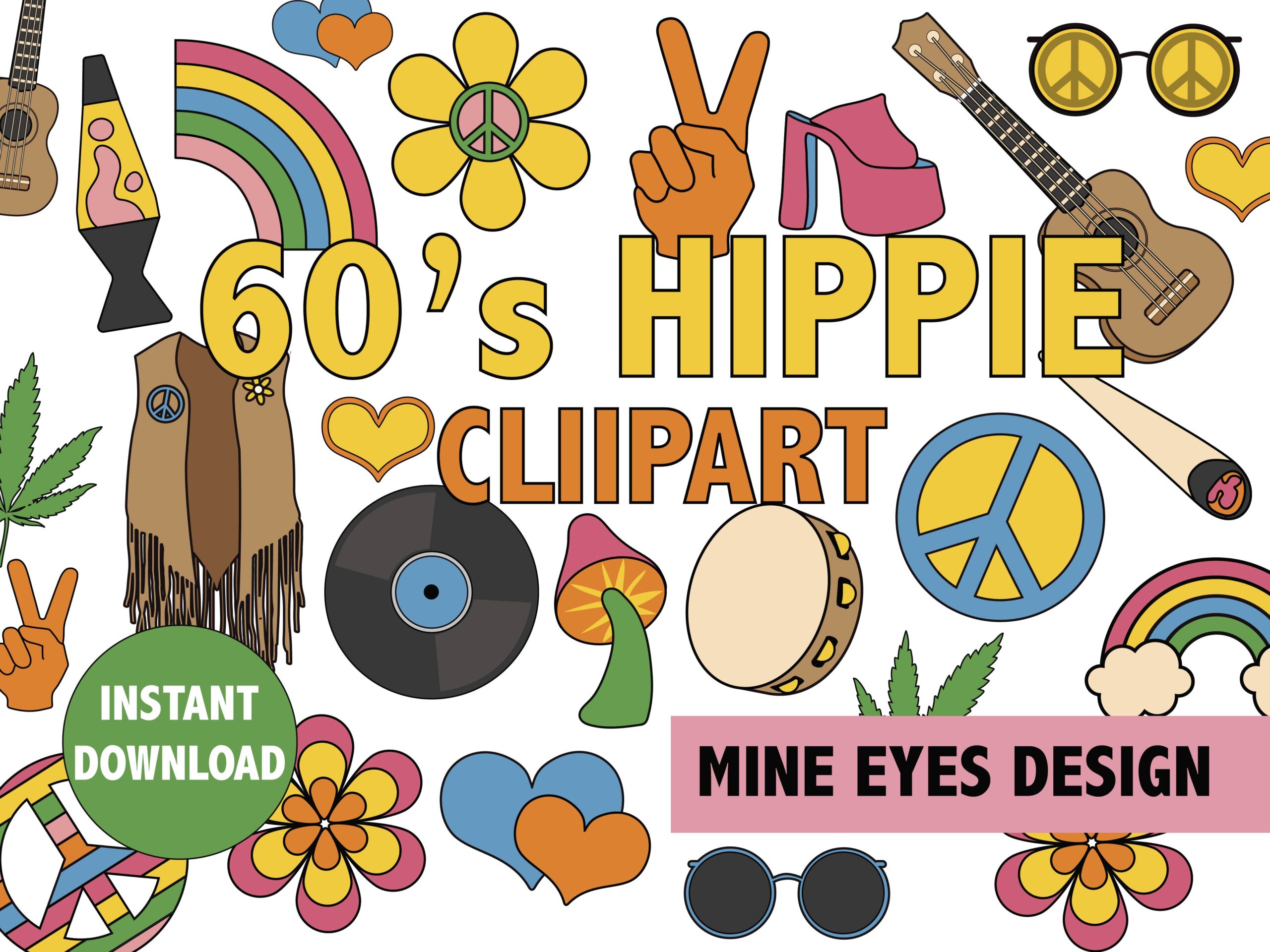 60s hippie clipart psychedelic vintage design set