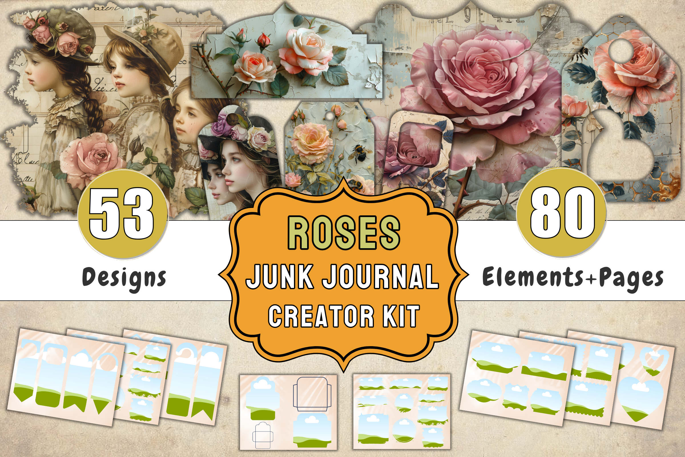 roses junk journal kit canva templates vintage design
