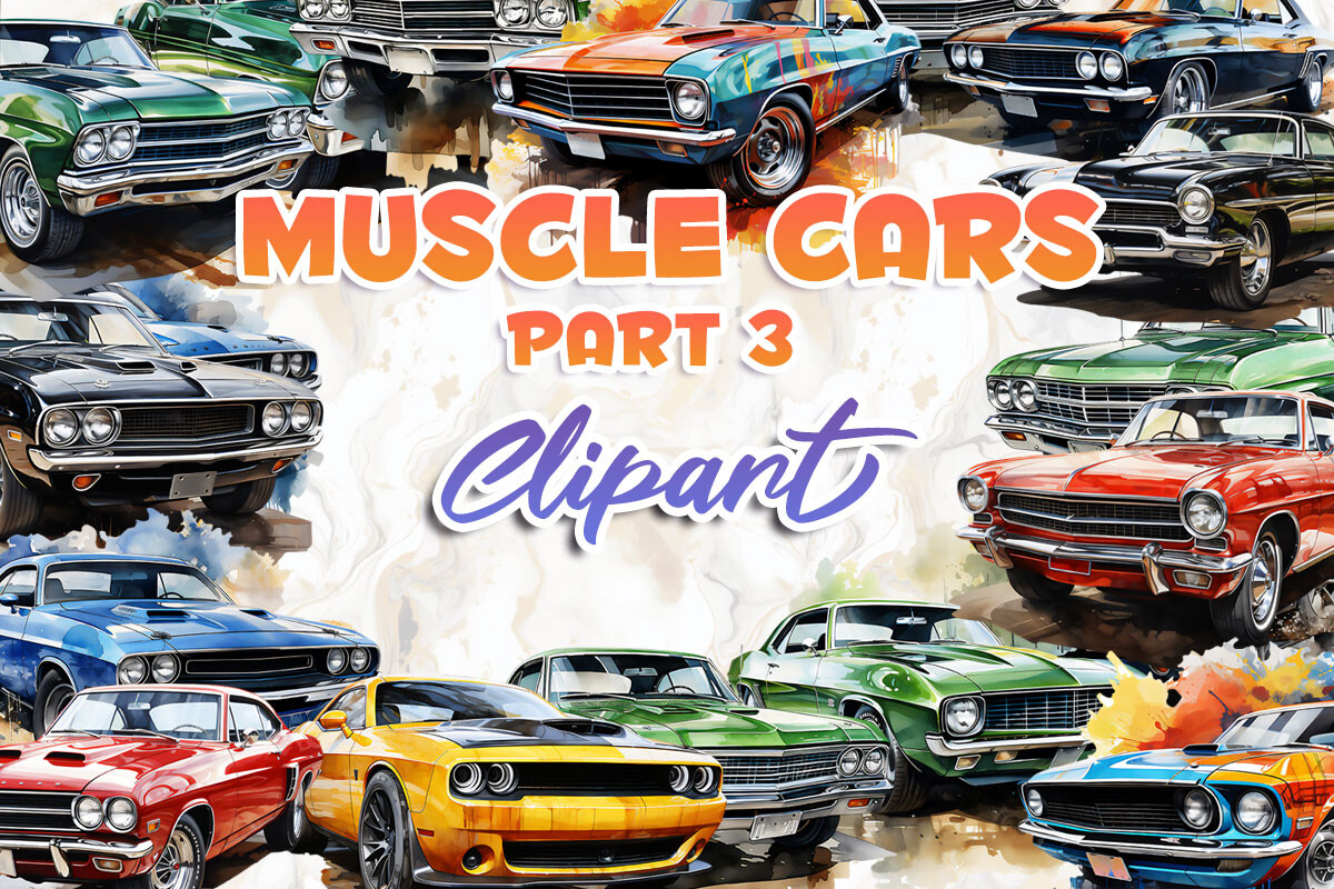 retro muscle car clipart set for 70s style shirt designs