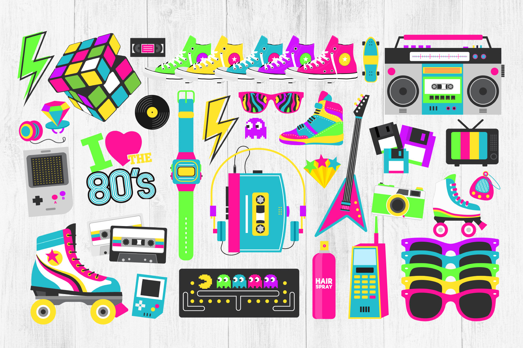 neon 80s clipart bundle of period objects for retro designs