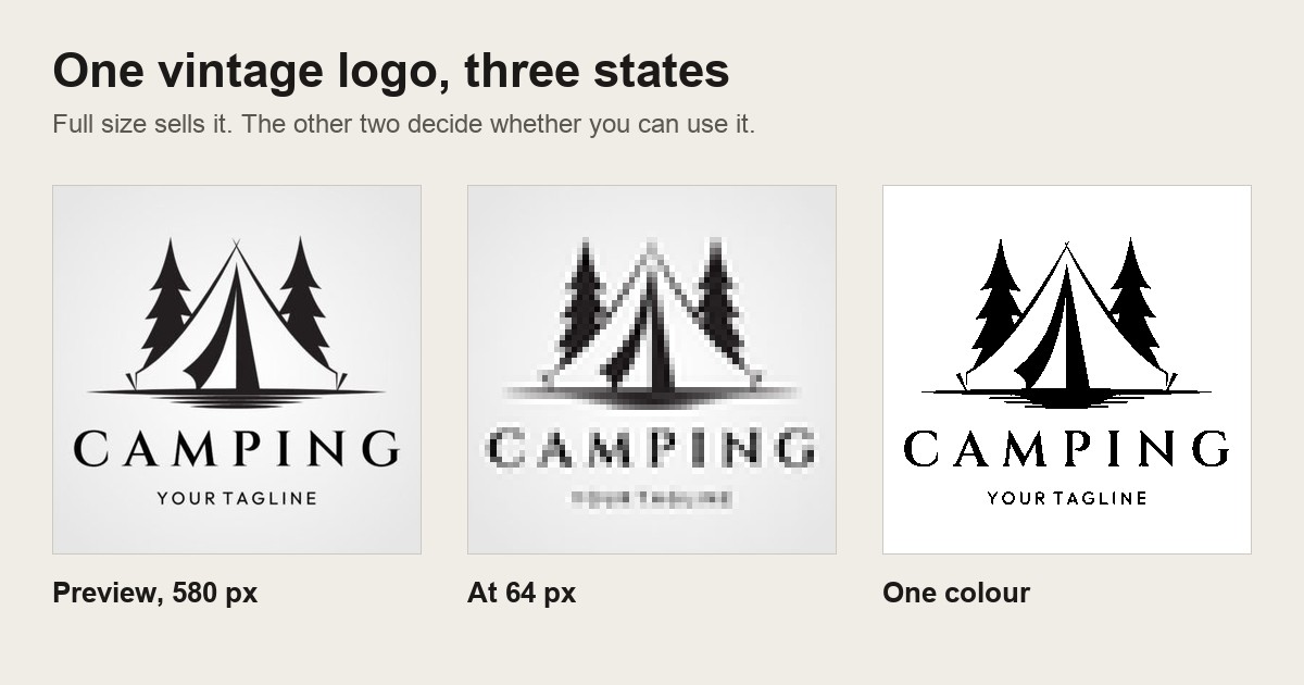 vintage logo design shown at preview size, at 64 pixels and at one colour