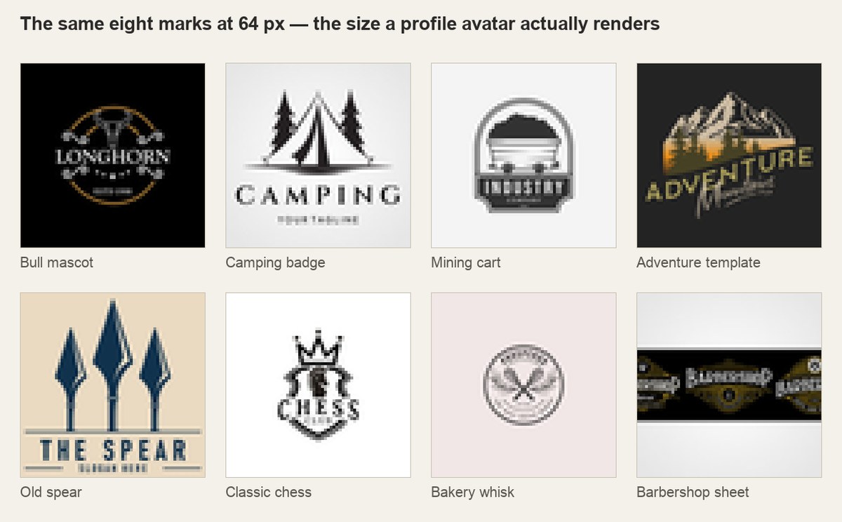 eight vintage logo design marks rendered at 64 pixels showing which stay readable