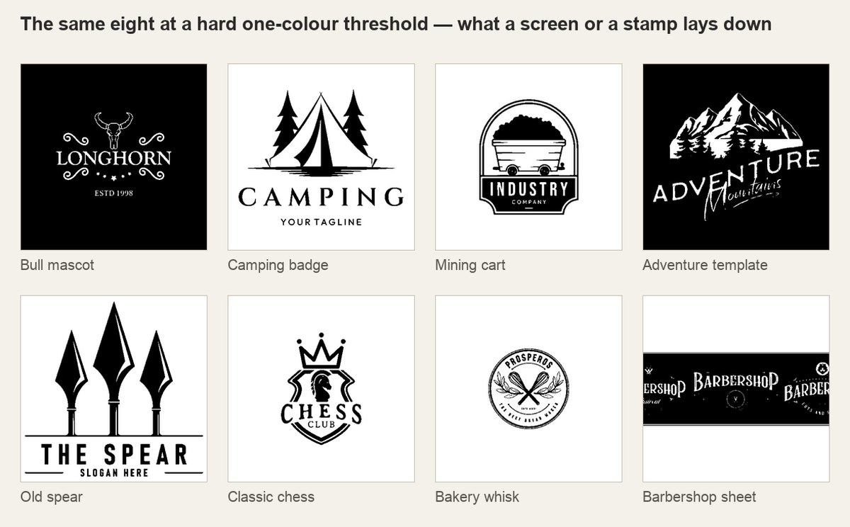 the same eight vintage logo designs at a hard one colour threshold for screen print