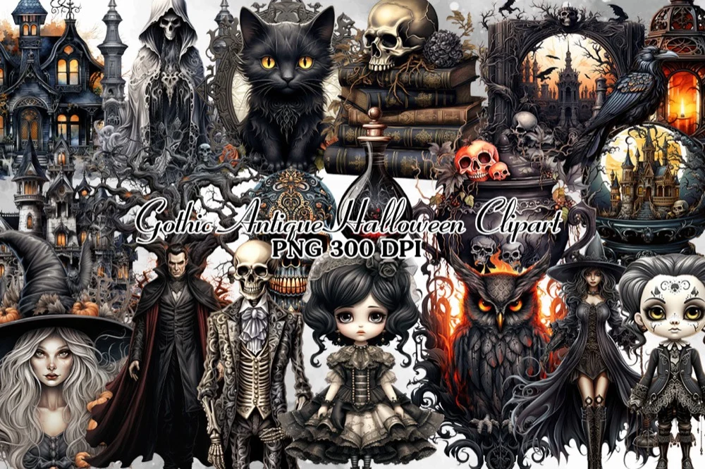 Gothic Antique Halloween Clipart Bundle: vintage Halloween design set preview