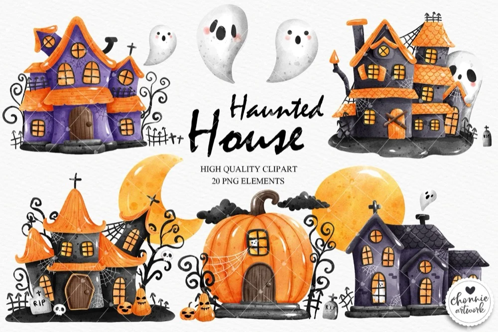Halloween Clipart, Haunted House Clipart: vintage Halloween design set preview