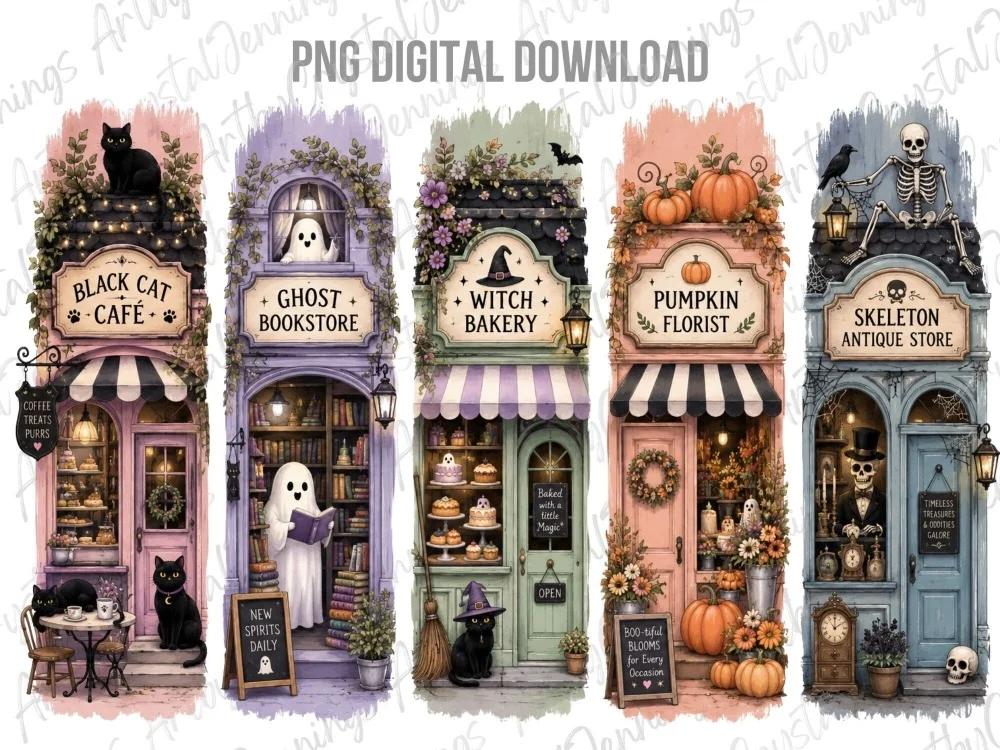 Spooky Halloween Shop Clipart PNG: vintage Halloween design set preview