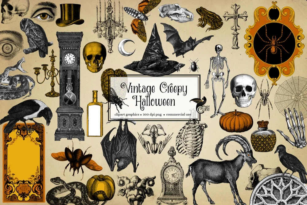 Vintage Creepy Halloween Clipart: vintage Halloween design set preview