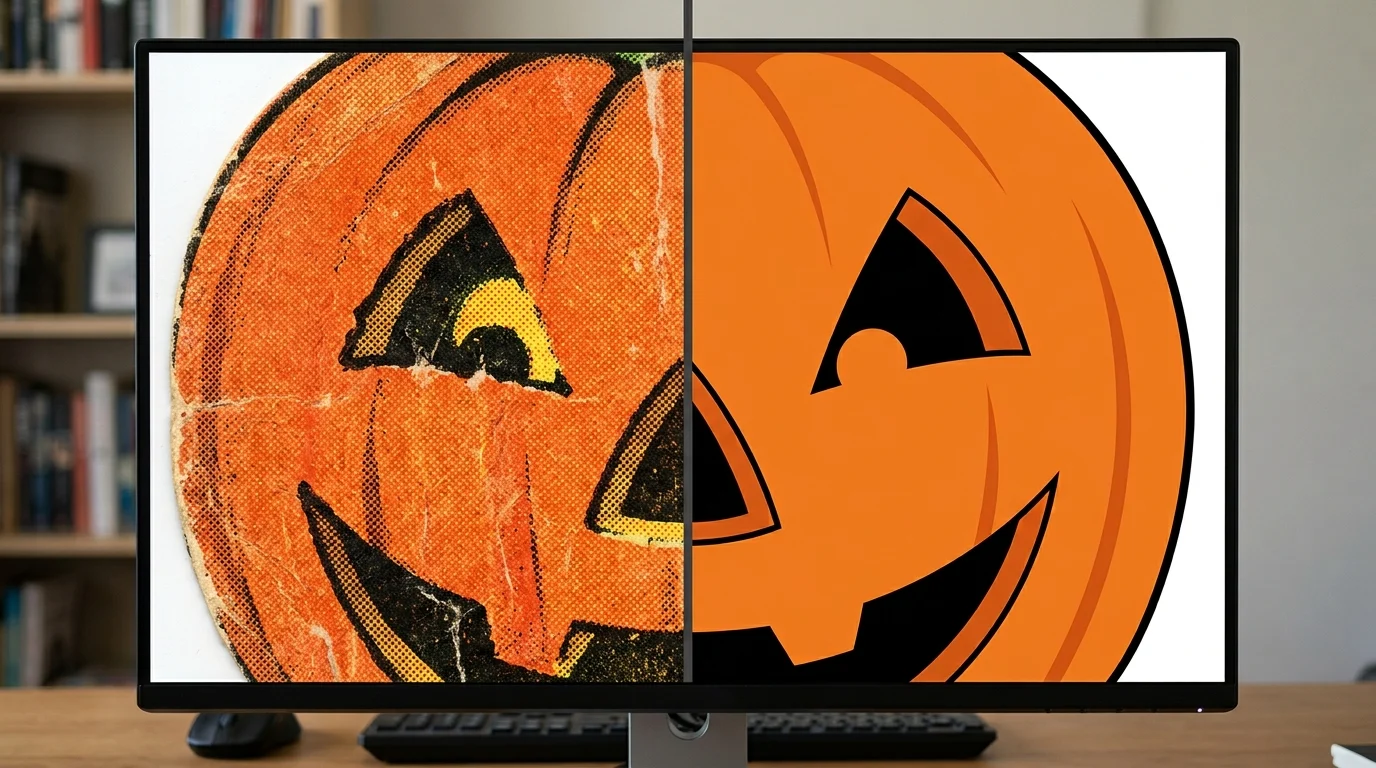 Split screen comparing a zoomed vintage pumpkin scan with halftone dots against the same subject redrawn with flat vector edges