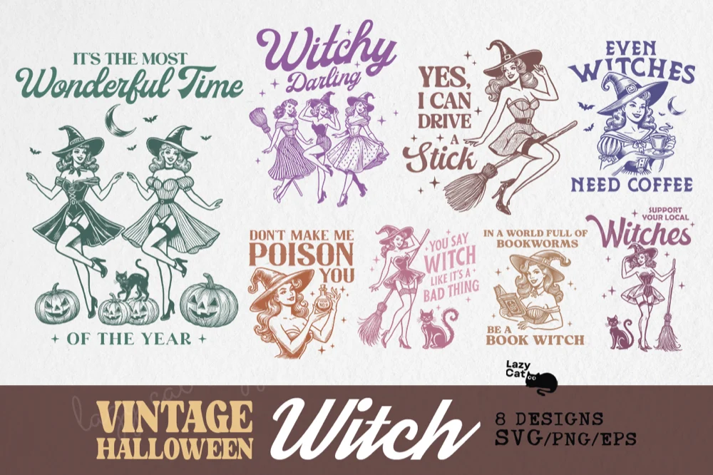 Vintage Halloween Witch SVG PNG Bundle: vintage Halloween design set preview