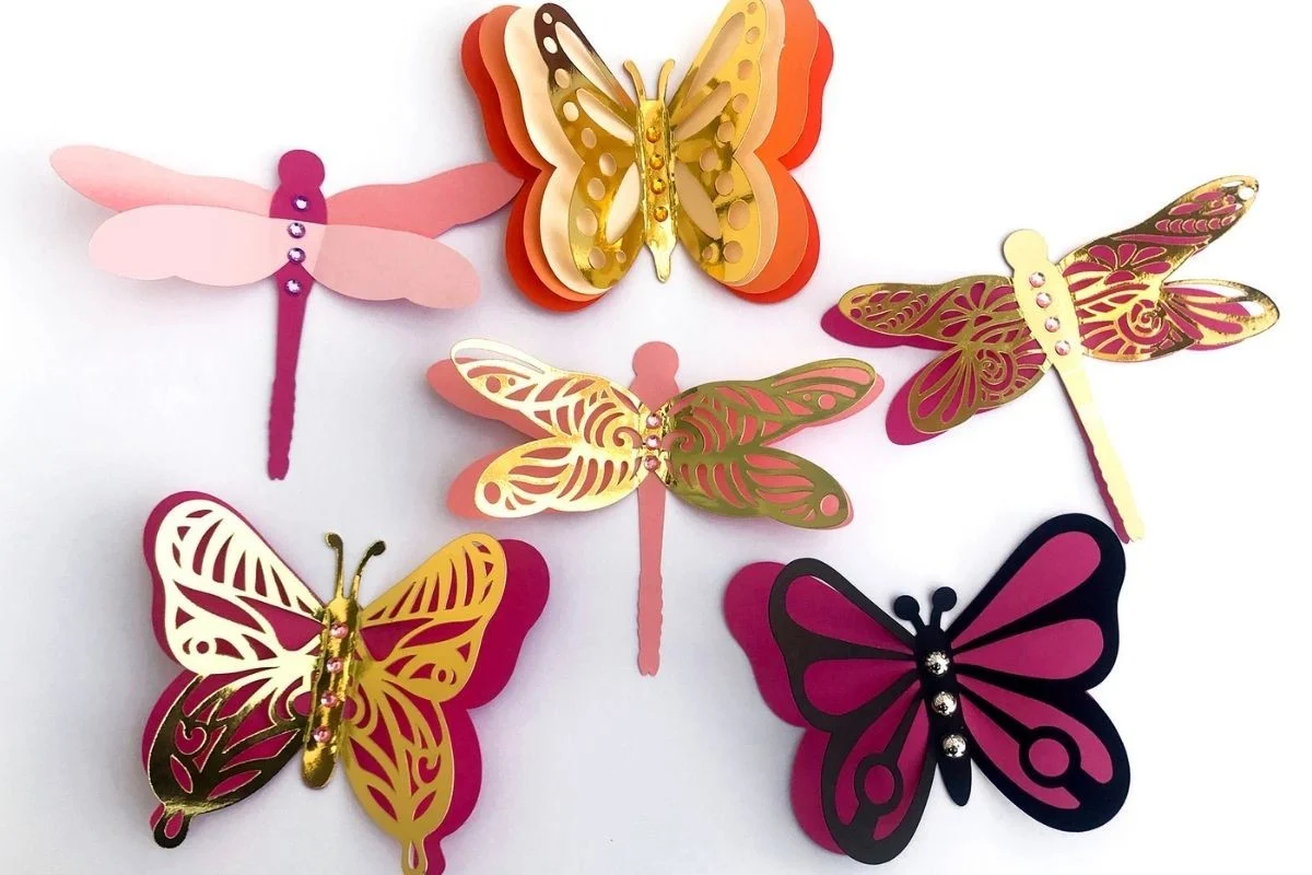 3d layered dragonflies and butterflies