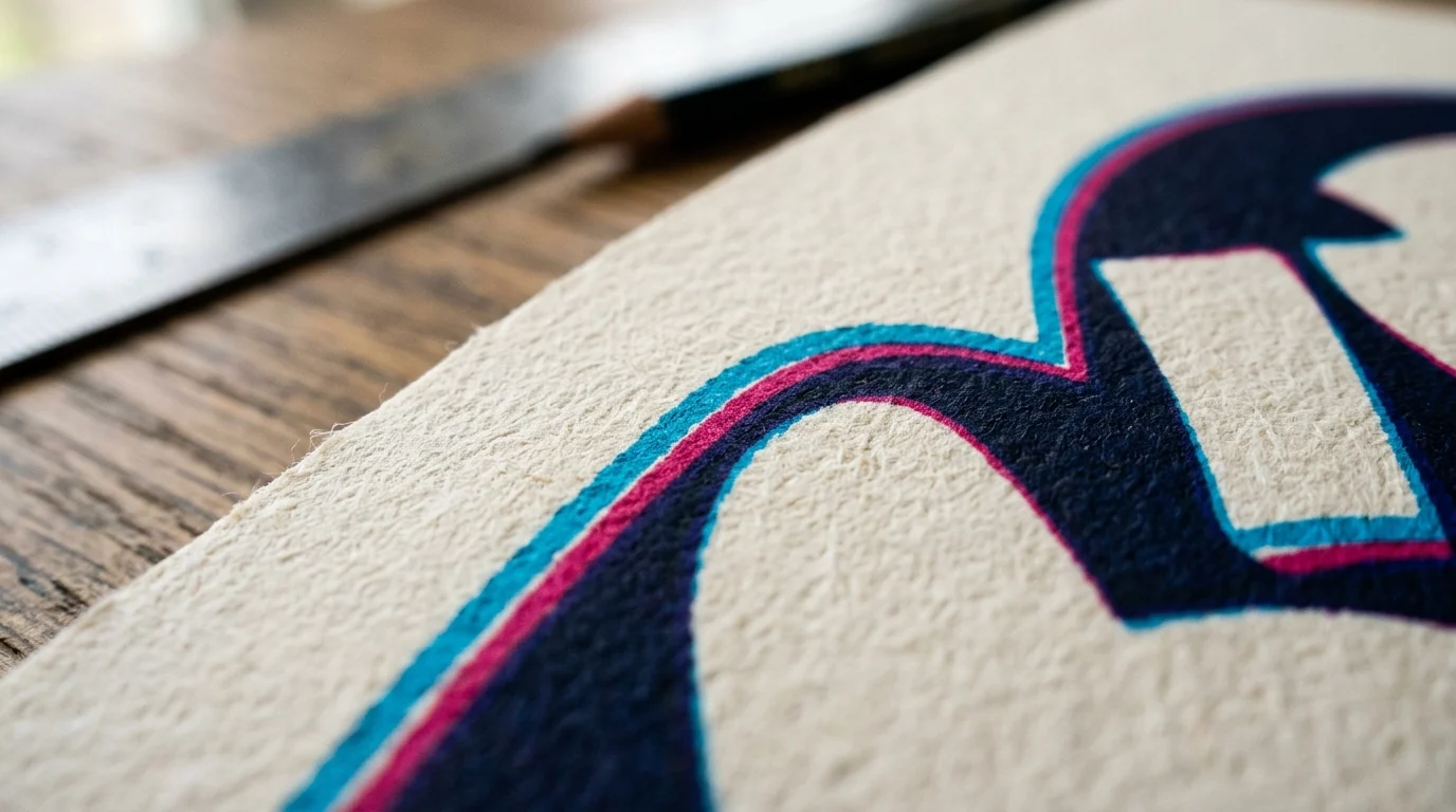 close up of a printed letterform with cyan and magenta fringe offset along the edge