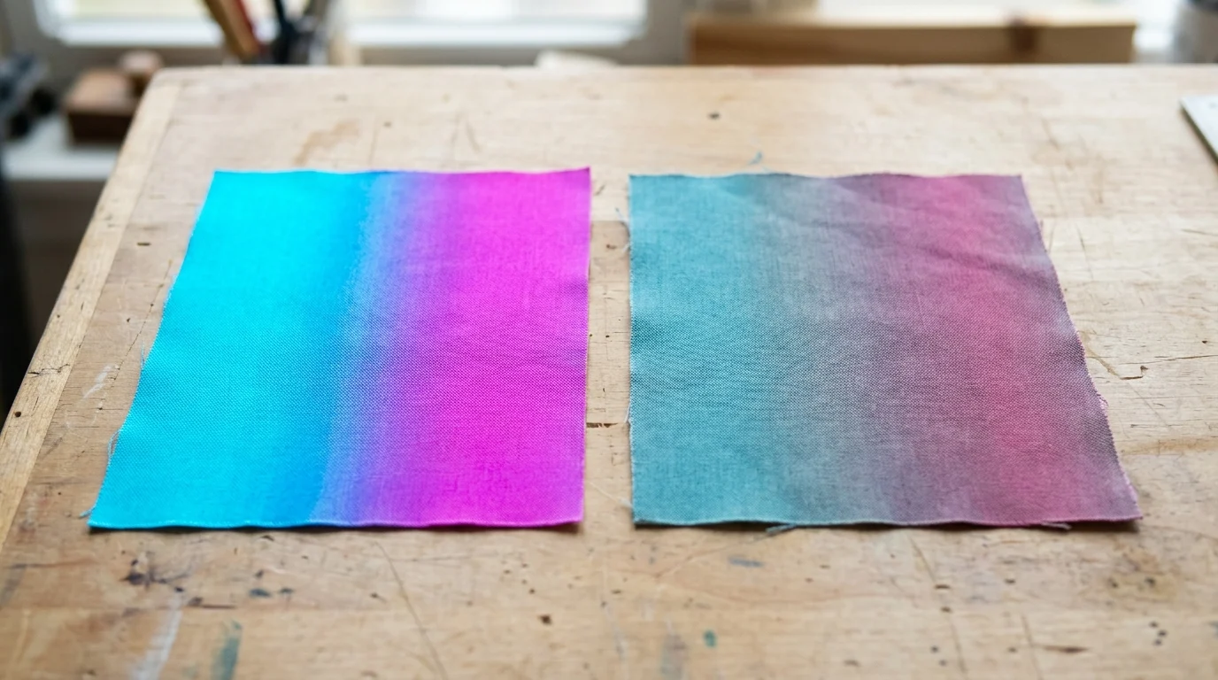 screen bright neon gradient fabric swatch next to the same gradient muted after printing