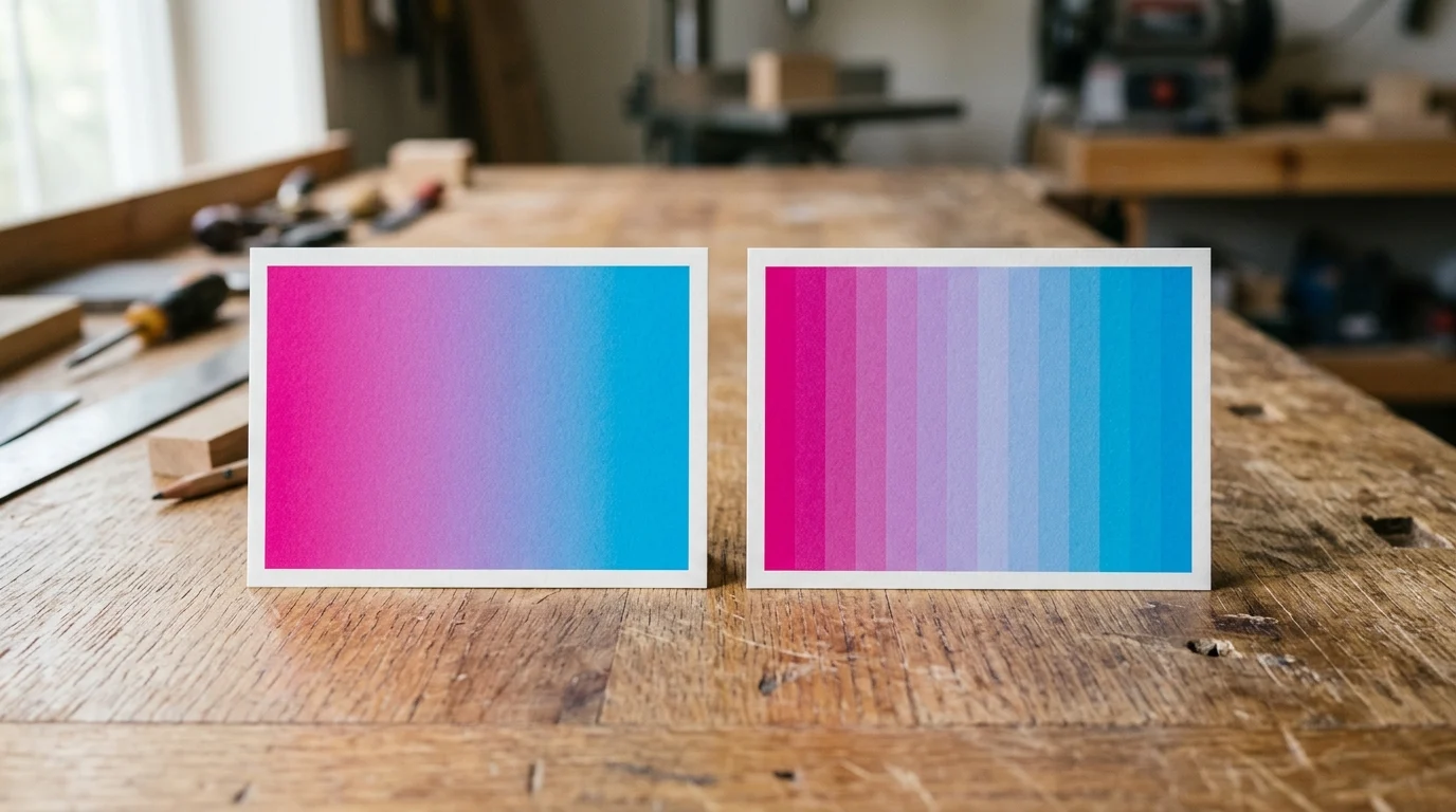 smooth gradient print card next to the same gradient printed as visible stepped bands