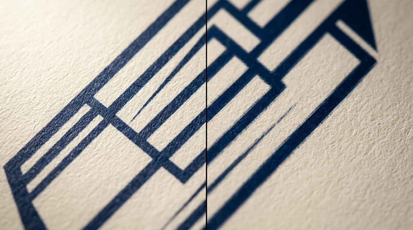close up of thin printed line grid pattern on paper showing where fine lines break