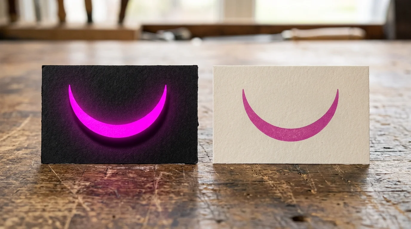 same pink arc glowing on a black card and flat on a white card