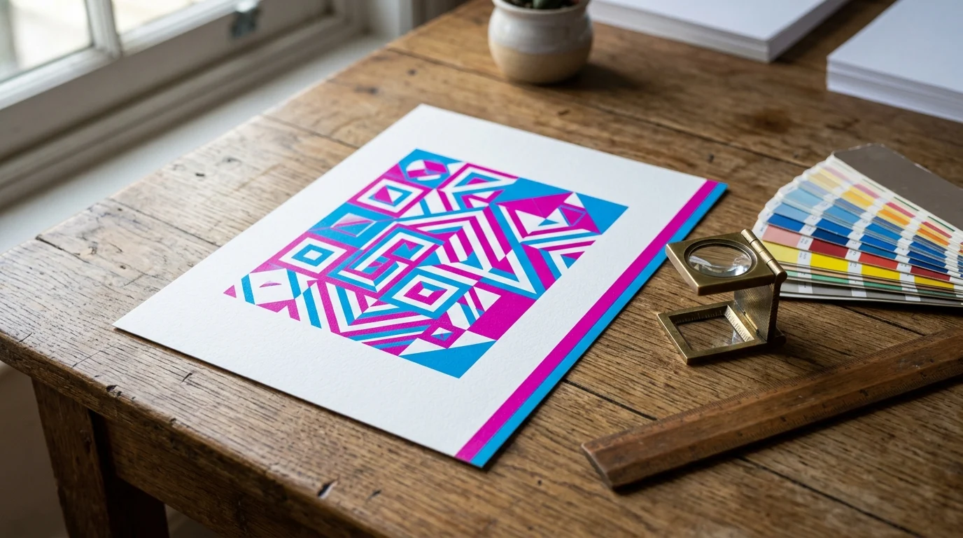 printed retro futurism geometric proof on a desk with a pantone color fan and loupe