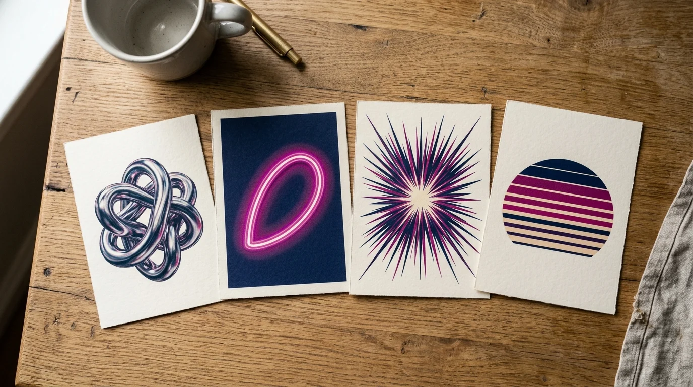 four printed retro futurism motif cards on a table, chrome knot, neon arc, starburst, sunset stripes