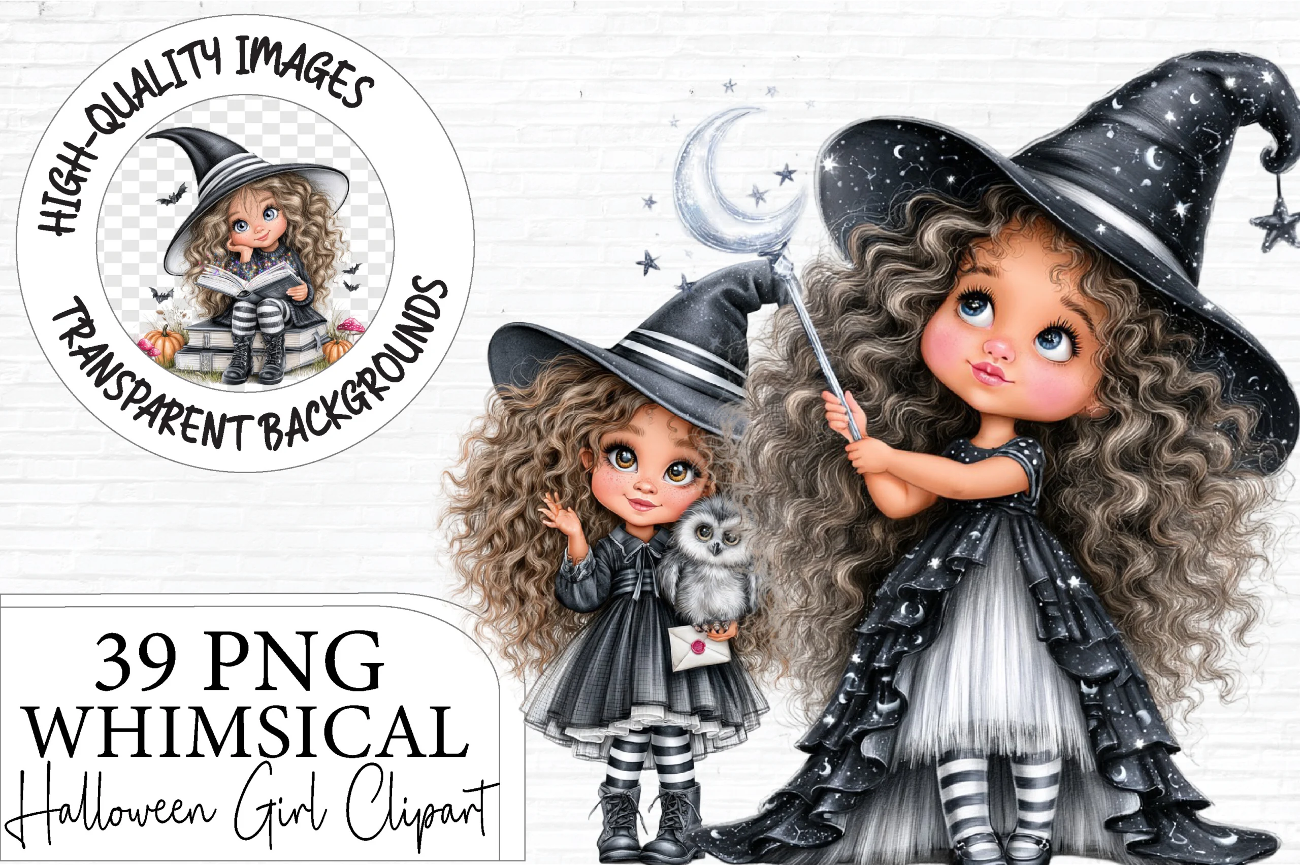whimsical halloween girl clipart bundle