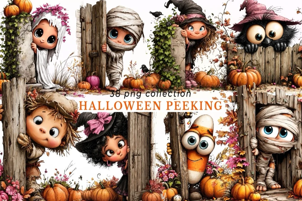 Whimsical Halloween Peeking Clipart: vintage Halloween design set preview